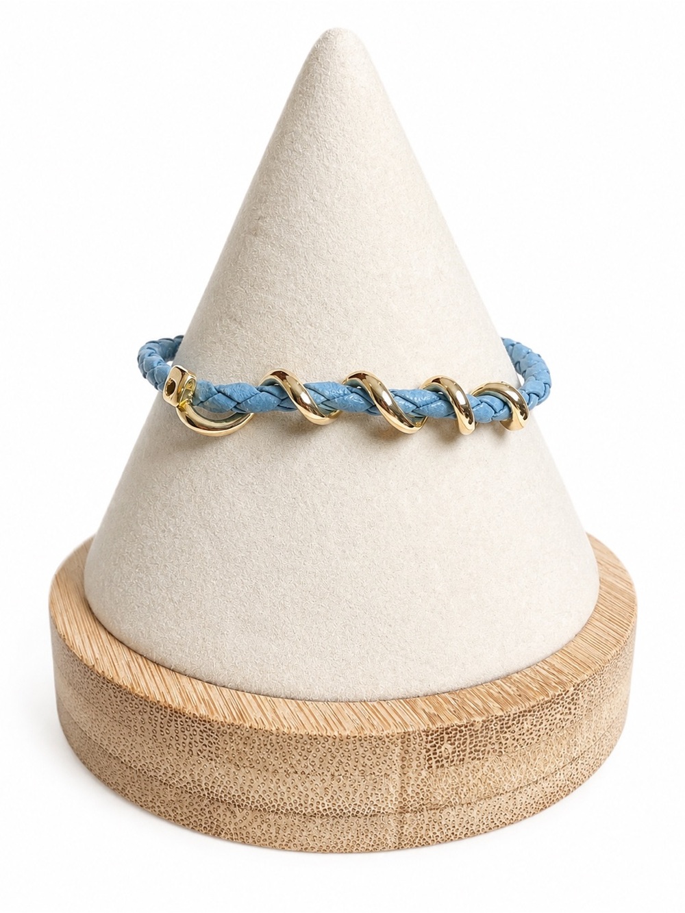 Blue Braided Leather Bracelet Gold Tone Coil Accents Coastal Boho Statement